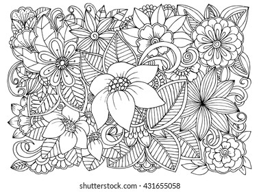 Vector monochrome floral doodle. Flowers in black and white for coloring book