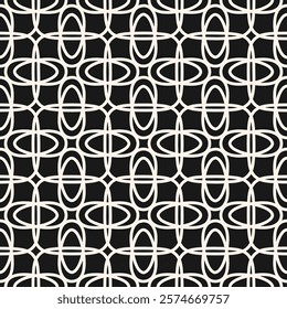 Vector monochrome floral grid ornament. Abstract geometric seamless pattern with mesh, lattice, flower silhouettes, curved lines, repeat tiles. Simple background texture. Black and white geo design