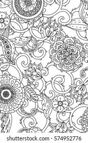 Vector Monochrome Floral Pattern with Decorative blossom and leaves. Hand Drawn flower Texture. Garden Style