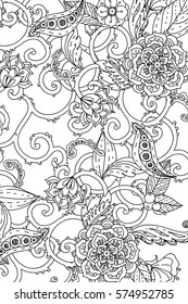 Vector Monochrome Floral Pattern with Decorative blossom and leaves. Hand Drawn flower Texture. Garden Style