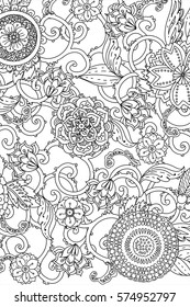 Vector Monochrome Floral Pattern with Decorative blossom and leaves. Hand Drawn flower Texture. Garden Style