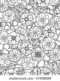 Vector Monochrome Floral Pattern with Decorative blossom and leaves. Hand Drawn flower Texture. Garden Style