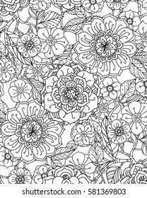Vector Monochrome Floral Pattern with Decorative blossom and leaves. Hand Drawn flower Texture. Garden Style
