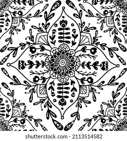 Vector monochrome floral pattern with folk ornament. Seamless texture with black rural contour flower composition on white background. Natural tiled ornament with outline naive petals and stems