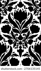 Patrón floral monocromo de Vector con flores de estilo popular sobre fondo blanco. Textura inconsútil decorativa con la silueta negra de las flores estilizadas para la tela, Fondo de pantalla, papel de embalaje, decoración casera