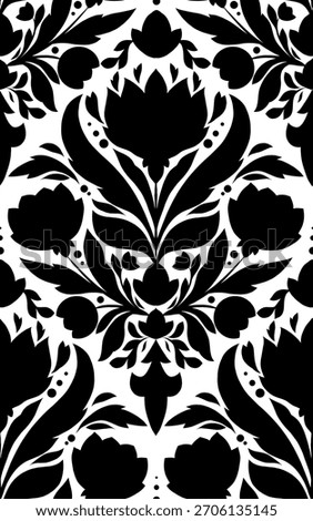 Vector monochrome floral pattern with folk style flowers on white background. Decorative seamless texture with black silhouette of stylized flowers for fabric, wallpaper, wrapping paper, home decor