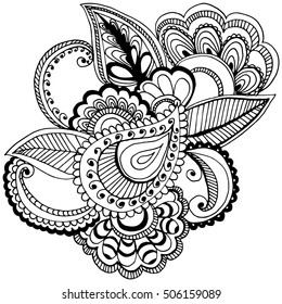 Vector Monochrome Floral Pattern. Hand Drawn Floral Texture, Decorative Flowers, Coloring Book