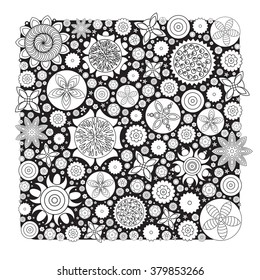 Vector monochrome floral pattern. Imitation of hand drawn flower doodle texture, decorative coloring book for grown up and adult. Endless drawing for stress relief. Zentangle.