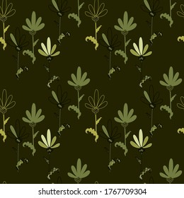 Vector monochrome floral pattern in marsh green colors, low-key coloring. Doodle flowers, stylization, for design fabric, paper.