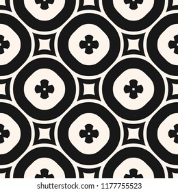 Vector monochrome floral seamless pattern. Elegant geometric background with big flower shapes, circles, squares, repeat tiles. Simple abstract ornamental texture. Design for decor, ceramic, textile
