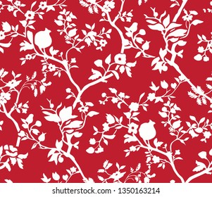 Vector monochrome floral seamless pattern with different flowers and leaves. Red and white Botanical illustration hand painted. Textile print, fabric swatch, wrapping paper. - Vector