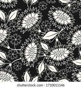 Vector monochrome floral seamless pattern. Elegant ornament with fantasy flowers, sunflowers, daisies, leaves. Folk style painting. Simple sketchy black and white background. Dark repeat design
