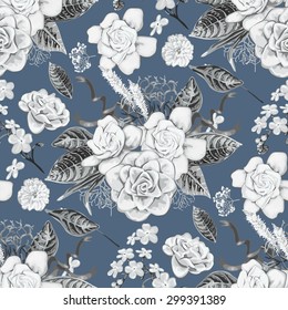 Vector monochrome floral seamless pattern. Blue background