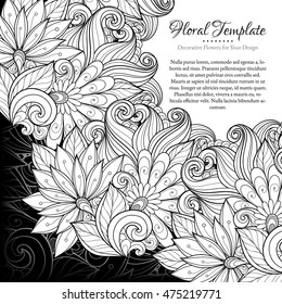 Vector Monochrome Floral Template with Place for Text. Abstract Flowers with Hand Drawn Ornament. Layout for Greeting Card, Cover Page etc. Clipping Mask Used for Editability