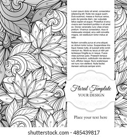 Vector Monochrome Floral Template with Place for Text. Abstract Flowers with Hand Drawn Ornament. Layout for Greeting Card, Cover Page etc. Clipping Mask Used for Editability