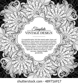 Vector Monochrome Floral Template with Place for Text. Abstract Flowers with Hand Drawn Ornament. Layout for Greeting Card, Cover Page etc. Clipping Mask Used for Editability