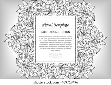 Vector Monochrome Floral Template with Place for Text. Abstract Flowers with Hand Drawn Ornament. Layout for Greeting Card, Cover Page etc. Clipping Mask Used for Editability