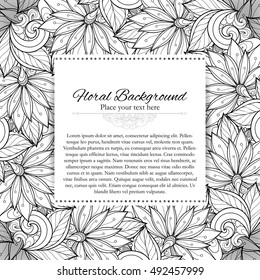 Vector Monochrome Floral Template with Place for Text. Abstract Flowers with Hand Drawn Ornament. Layout for Greeting Card, Cover Page etc. Clipping Mask Used for Editability