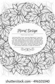 Vector Monochrome Floral Template with Place for Text. Abstract Flowers with Hand Drawn Ornament. Layout for Greeting Card, Cover Page etc. Clipping Mask Used for Editability