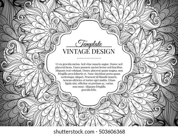 Vector Monochrome Floral Template with Place for Text. Abstract Flowers with Hand Drawn Ornament. Layout for Greeting Card, Cover Page etc. Clipping Mask Used for Editability