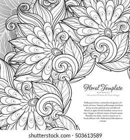 Vector Monochrome Floral Template with Place for Text. Abstract Flowers with Hand Drawn Ornament. Layout for Greeting Card, Cover Page etc. Clipping Mask Used for Editability