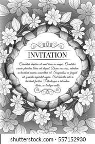 Vector Monochrome Floral Template with Place for Text. Abstract Flowers with Hand Drawn Ornament. Layout for Greeting Card, Cover Page etc. Clipping Mask Used for Editability