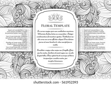 Vector Monochrome Floral Template with Place for Text. Abstract Flowers with Hand Drawn Ornament. Layout for Greeting Card, Cover Page etc. Clipping Mask Used for Editability