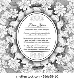 Vector Monochrome Floral Template with Place for Text. Abstract Flowers with Hand Drawn Ornament. Layout for Greeting Card, Cover Page etc. Clipping Mask Used for Editability