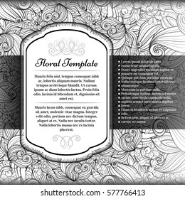 Vector Monochrome Floral Template with Place for Text. Abstract Flowers with Hand Drawn Ornament. Layout for Greeting Card, Cover Page etc. Clipping Mask Used for Editability