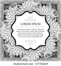 Vector Monochrome Floral Template with Place for Text. Abstract Flowers with Hand Drawn Ornament. Layout for Greeting Card, Cover Page etc. Clipping Mask Used for Editability