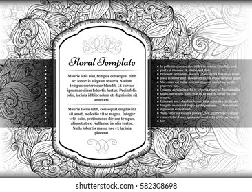 Vector Monochrome Floral Template with Place for Text. Abstract Flowers with Hand Drawn Ornament. Layout for Greeting Card, Cover Page etc. Clipping Mask Used for Editability