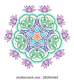 Vector monochrome flower mandala on a contrasting background. Big snowflake