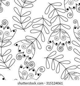 Vector monochrome flower seamless pattern. Cute black and white wedding fashion flowers on white background. Pretty outline simple flowers with swirls and leafs. Monochrome doodle print.