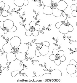 Vector monochrome flower seamless pattern with butterfly's. Cute abstract black and white floral background. Scrapbook cute spring paper