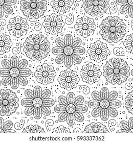 Vector monochrome flower seamless pattern. Cute abstract floral background. Scrapbook cute black and white paper.