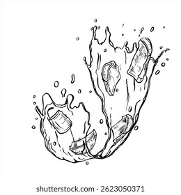 Salpicaduras de agua de Vector monocromo con gotitas y rebanadas de aloe recién cortadas ilustración en blanco y negro. Dibujo de grabado antiséptico de ondas de agua para empaques de cuidado de la piel, menús de spa, blogs de bienestar.