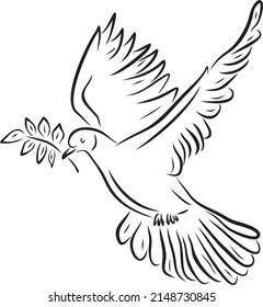 Vector monochrome flying dove with an olive branch in its beak. The bird of hope.
