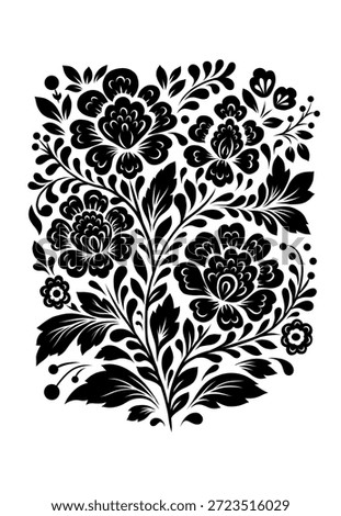 Vector monochrome folk art decorative floral card. Black silhouette of slavic tracery ornament with flowers on white background for invitation, postcard