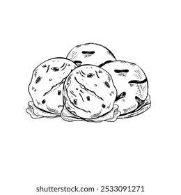 Vector monochrome four ice cream balls hand drawn sketch illustration. Black and white sweet dessert element etching drawing for label design, packaging, menu.