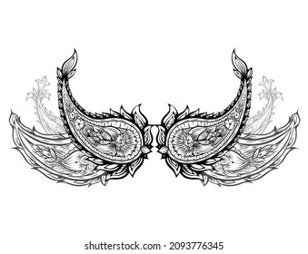 Vector monochrome frame with outline paisley pattern. Border with contour black tribal flower wreath. Vector template with indian floral ornament