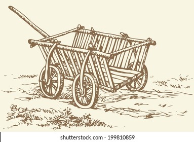 Vector monochrome freehand drawing of a shading ink on paper. Archaic wooden empty cart sketch isolated on white background