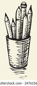 Vector monochrome freehand sketchy linear drawn background in doodle style pen on paper with space for text. Stationary plastic box of pens and pencils