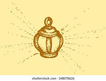 Vector monochrome freehand sketchy linear drawn background in doodle style pen on paper with space for text. Classic symbol of medieval worn petroleum lantern merry shining rays of warm fire