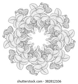 Vector Monochrome Fruit Wreath. Hand Drawn Decorative Strawberry