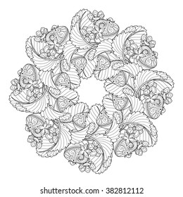 Vector Monochrome Fruit Wreath. Hand Drawn Decorative Strawberry