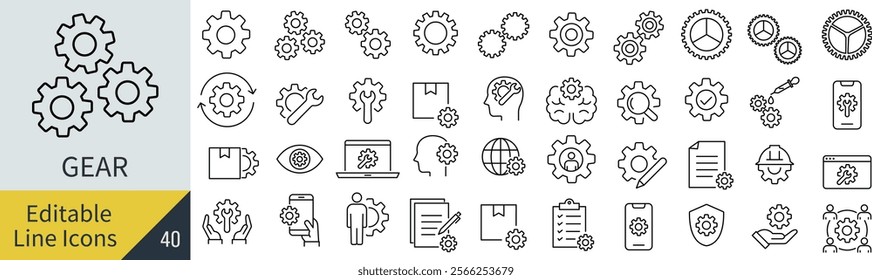 Vector Monochrome Gear Line Art Icon Set