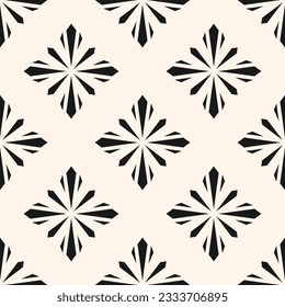 Vector monochrome geometric floral seamless pattern. Simple black and white ornamental texture in oriental style. Abstract mosaic background with flower silhouettes, diamond shapes. Repeat geo design 