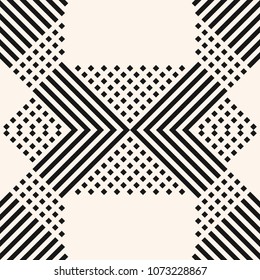 Vector monochrome geometric seamless pattern with crossing diagonal lines, stripes, squares. Abstract linear geometry texture. Stylish black and white background. Repeatable design for prints, fabric