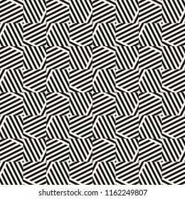 Vector monochrome geometric seamless pattern with diagonal stripes, lines, square tiles. Black and white creative abstract psychedelic design. Sport style background. Modern stylish repeat ornament