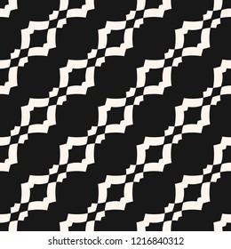 Vector monochrome geometric seamless pattern with curved shapes in diagonal grid, repeat tiles. Abstract black and white ornament texture. Elegant ornamental background. Stylish dark repeatable design